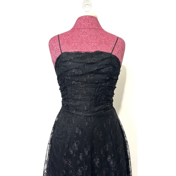 B Darlin Black Mesh Midi Dress 3/4 Ruched Sparkle Fairy Grunge Whimsigoth Party - Picture 3 of 9